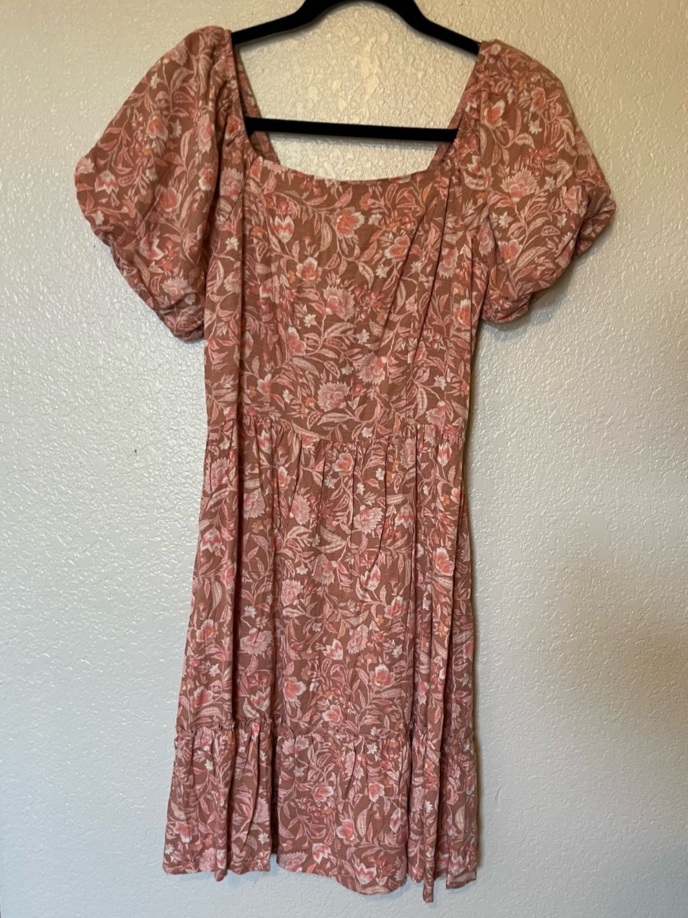 Lucky Brand Rose-Brown Floral Puff-Sleeve Dress
